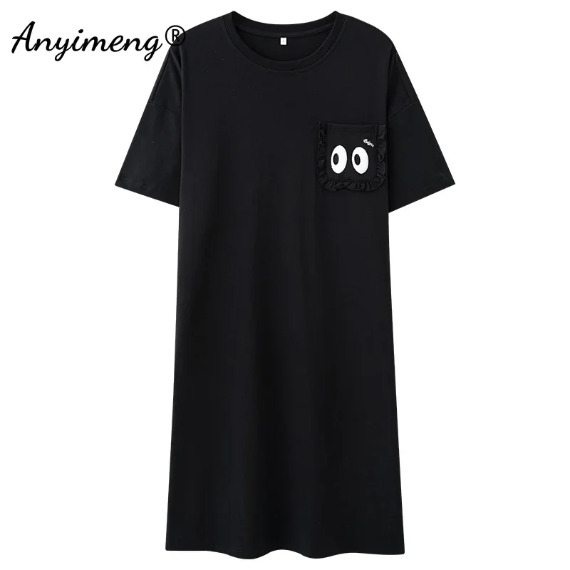 Women Summer Black Nightgown Solid Sleepshirt Short Sleeves Pullover Pajama Dress Soft Woman Nightdress Milk Silk Night Gown