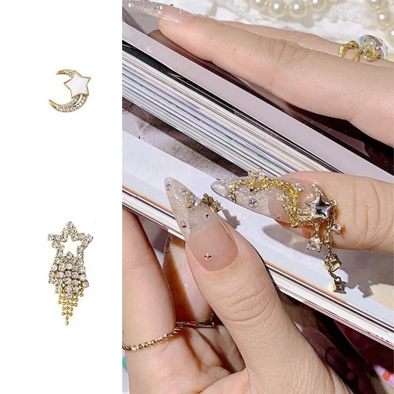 1Pc Full Glitter Punk moon Nail Charms Gold Metal chain Nail Art Decoration 3D Luxury star tassel  Manicure accessories