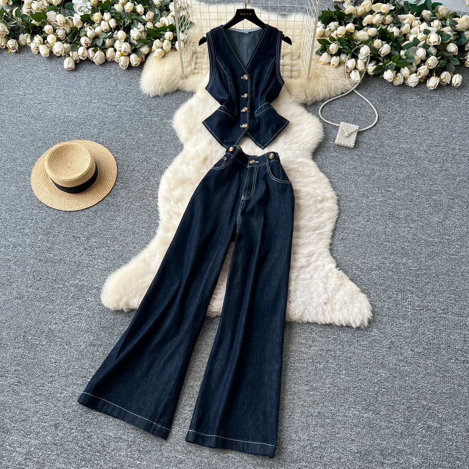 

Модные женские джинсовые брюки, комплект с v-образным вырезом, однобортный жилет без рукавов + джинсы с высокой талией, комплект из 2 предметов, летние костюмы