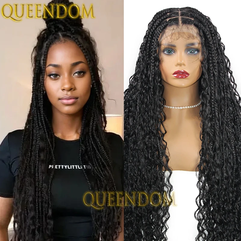 32 Inch Synthetic Bohemian Braid Wig Full Lace Box Braided Goddess Wig with Curly Hair Knotless Cornrow Braiding Wigs for Women