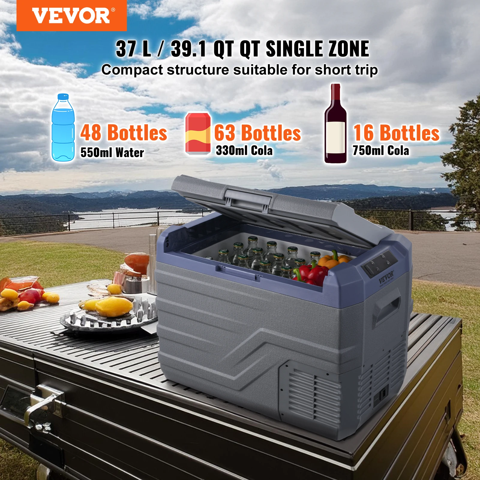 VEVOR 37L Car Refrigerator, 12V Car Fridge, Single Zone Portable Freezer, -4℉-68℉, 12/24V DC and 100-240V AC Compressor Cooler