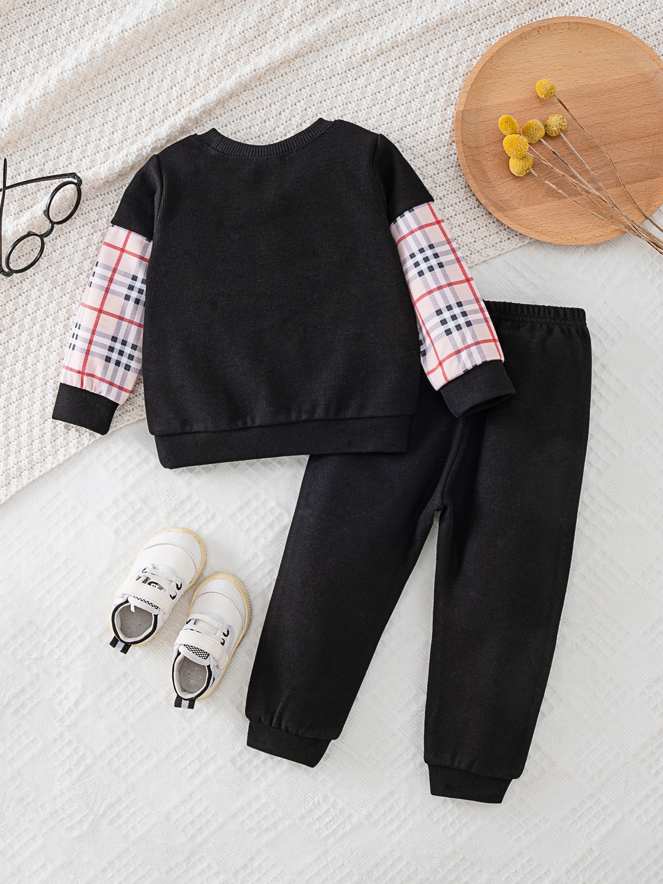 Retro style baby boy clothing with contrasting pink, white, and red plaid design, long sleeved hoodie and pants set