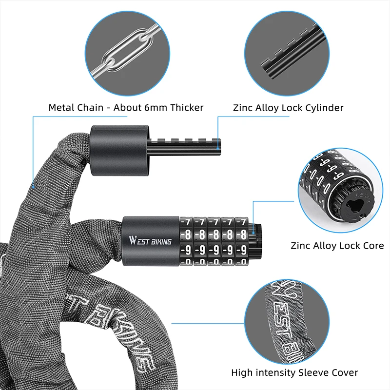 WEST BIKING Portable Bike Chain Lock High Security Anti-theft Thicken Mountain Bike Lock For Scooter E-Bike Outdoor Cycling