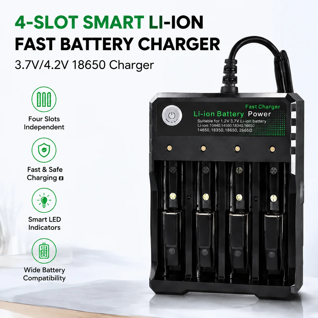 Зарядное устройство для литий-ионных аккумуляторов 18650, 4 слота, AC 110V/220V, EU/US, двойное, для зарядки 18650, 3.7V/4.2V, для перезаряжаемых аккумуляторов 18500 ﻿