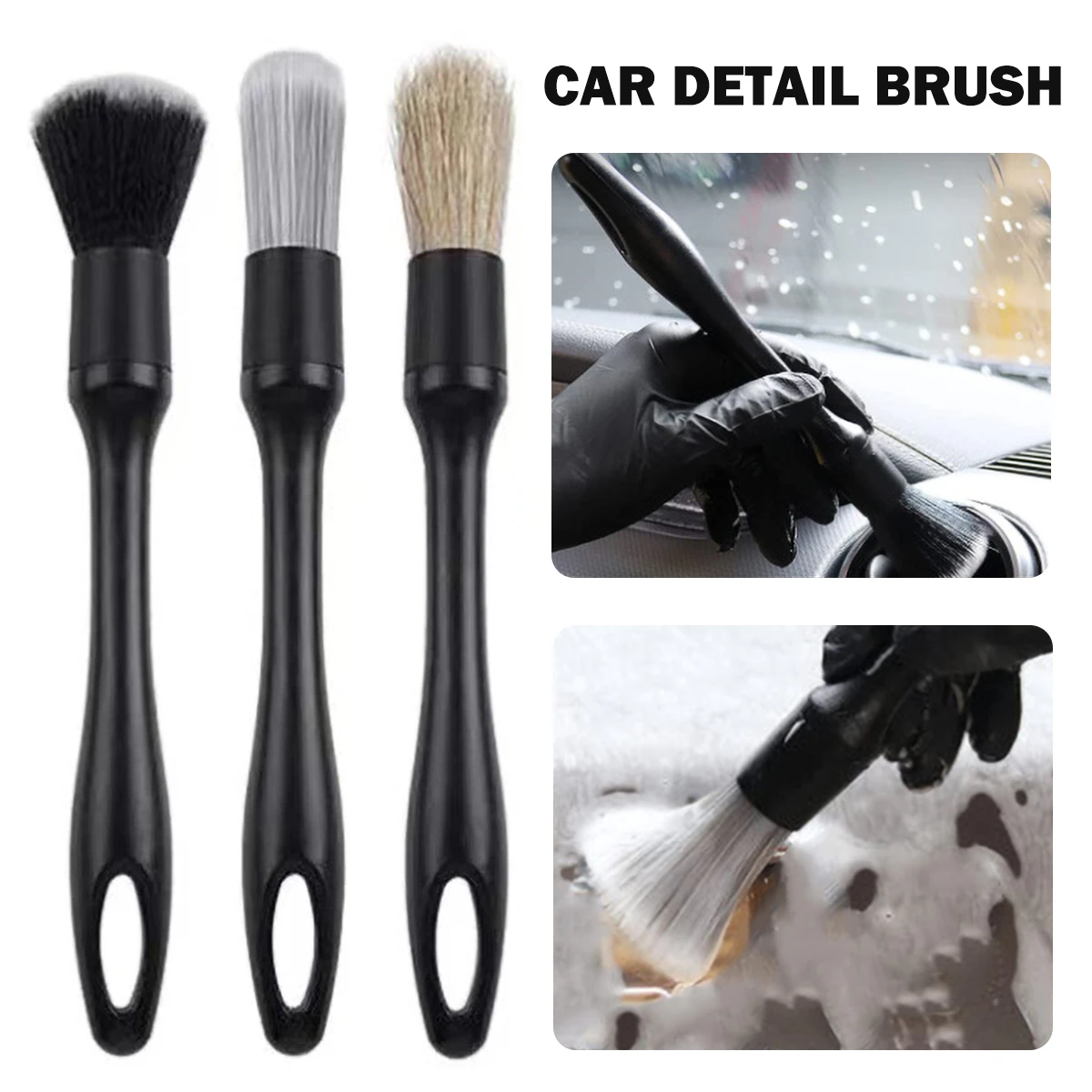 3pcs Car Detailing Brushes Set Soft Auto Detailing Brush Kit Interchangeable Different Sized Car Detail Cleaning Tool Reusable C