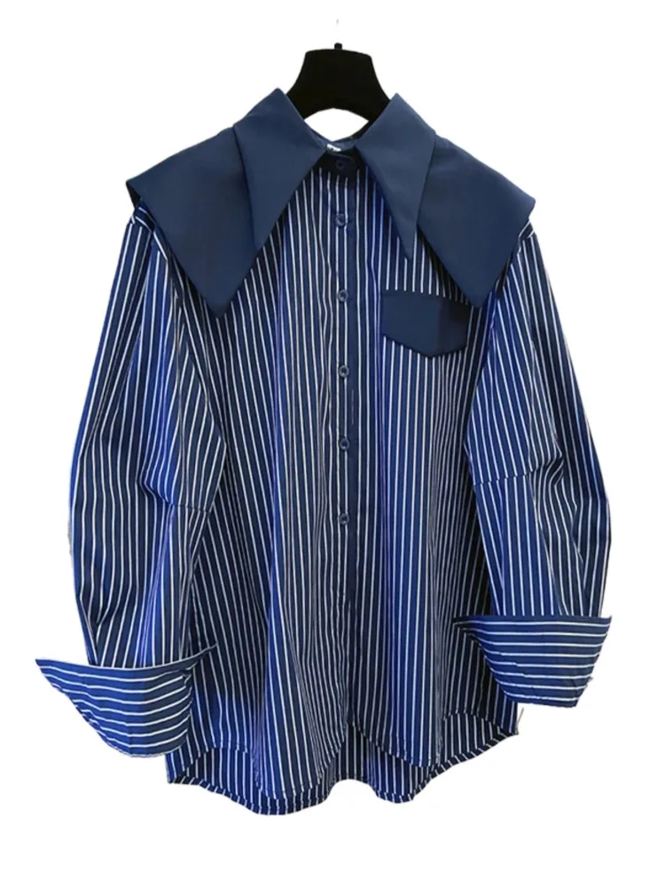 Outono inverno camisas femininas retalhos listrado senhora blusa gola de marinheiro casaul feminino topos roupas de manga longa