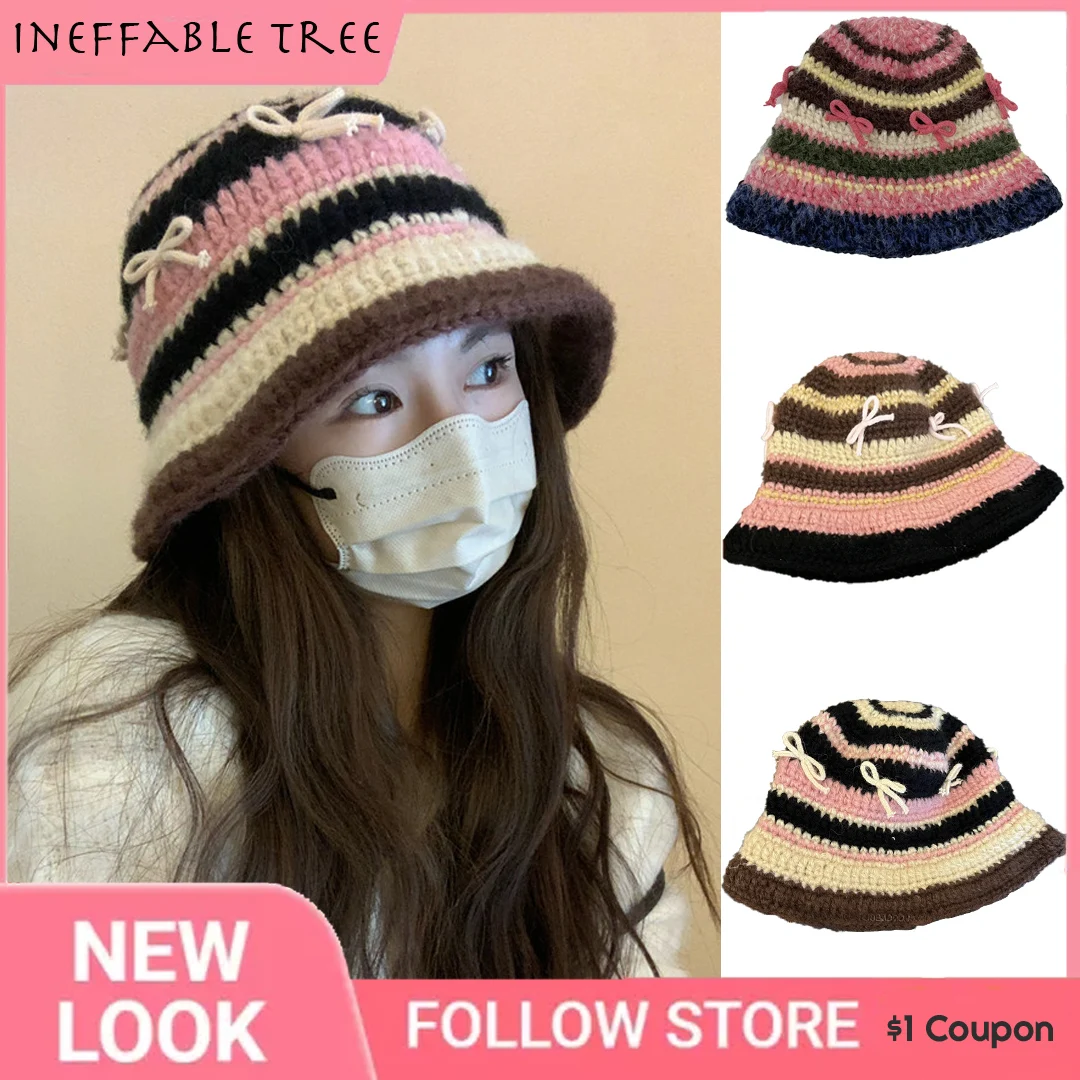 

Y2K Hand-crocheted 3D Bowknot Striped Knitted Bucket Hats Winter Female Thicken Fisherman Caps Outdoor Lady Sombreros De Mujer