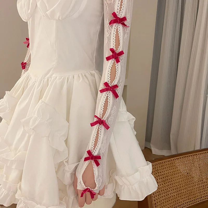 Set di maniche a scialle in un pezzo con fiocco in pizzo Guanti da sposa da ballo in rete da donna Accessori per le mani Guanti sexy in rete floreale scavati