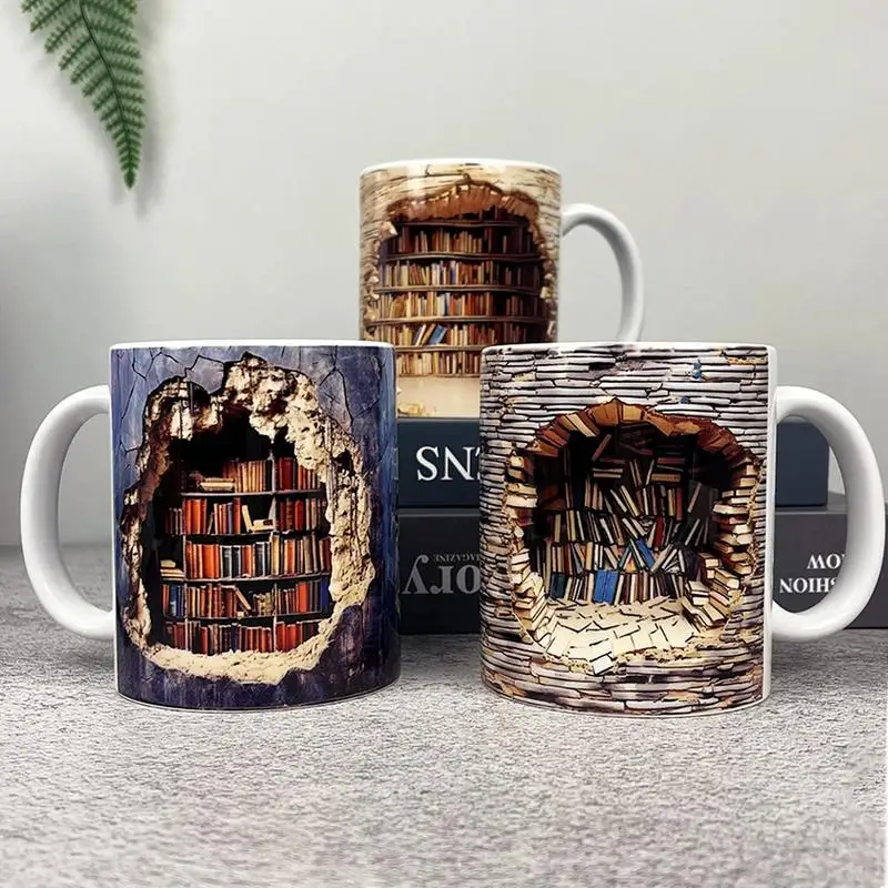 Creative 3D Bookshelf Mug Ceramic Coffee Mug Tea Cup 3D Effect Wall Crash And Book Shelf Cup For Book Lovers Birthday Xmas Gifts