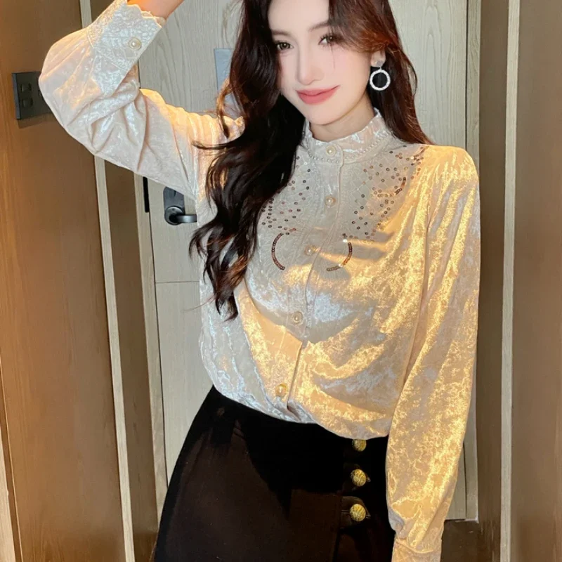 Elegant Long Sleeve Shirts for Women Autumn Winter Women Clothing Slimming Embroidered Stand Ladies Tops OL Luxury Blouse Women