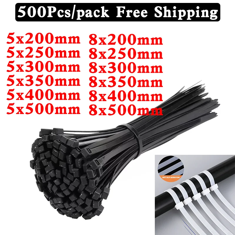 

Self-locking Plastic Nylon Tie 500 PCS Black 5x300mm Cable Tie Fastening Ring Zip Wraps Strap 8x200mm Nylon Cable Tie 5X400mm