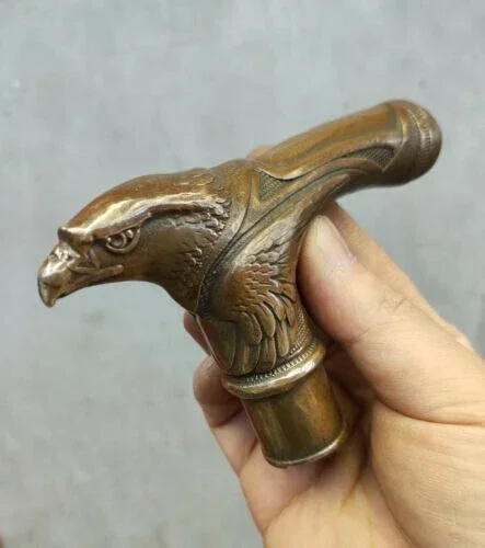Chinese Brass Copper Hand carved Cane Walking Stick Head Handle eagle Statue