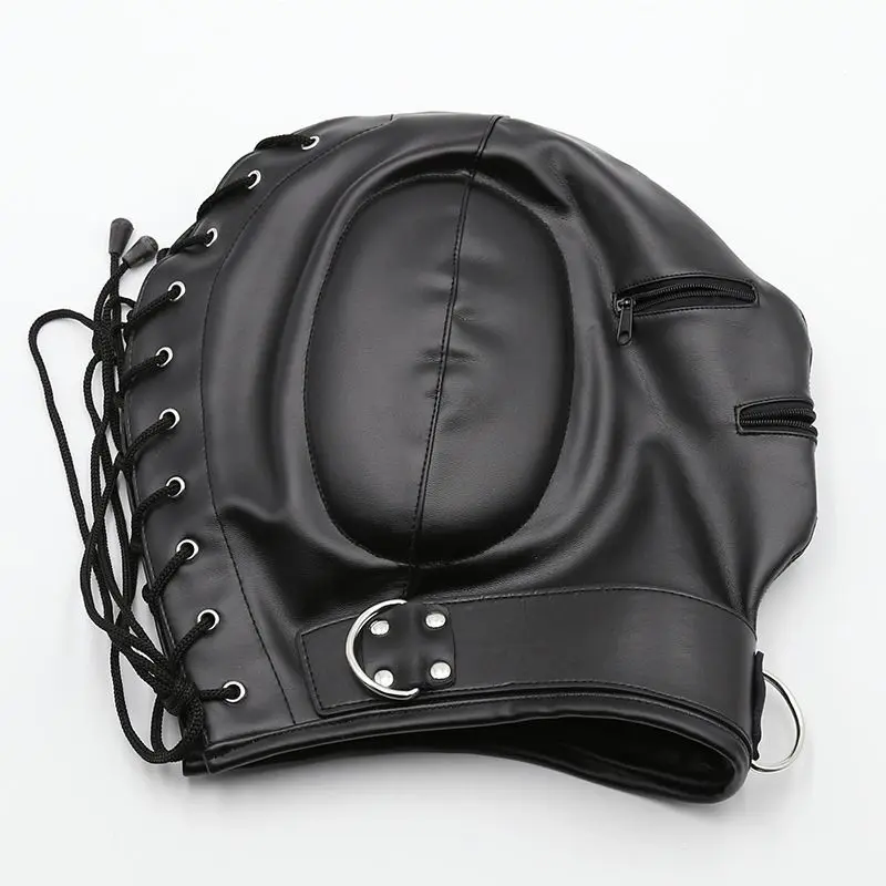 PU Leather Thickening Head Masks Funny Drawstring Sexy Men Face Cover Carnival Party Games Cosplay Adult Unisex Mask Zipper Open