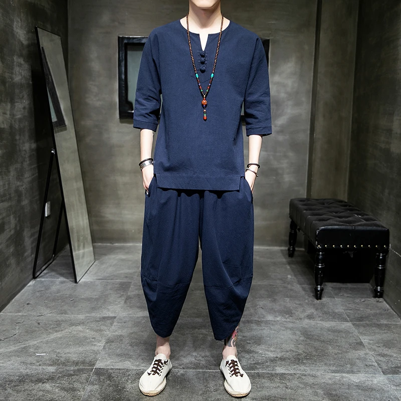 

Japanese Style Two Piece T-shirt Pants Male Men Suits Short Sleeved Japan Harajuku Yukata Cardigan Tops Trousers