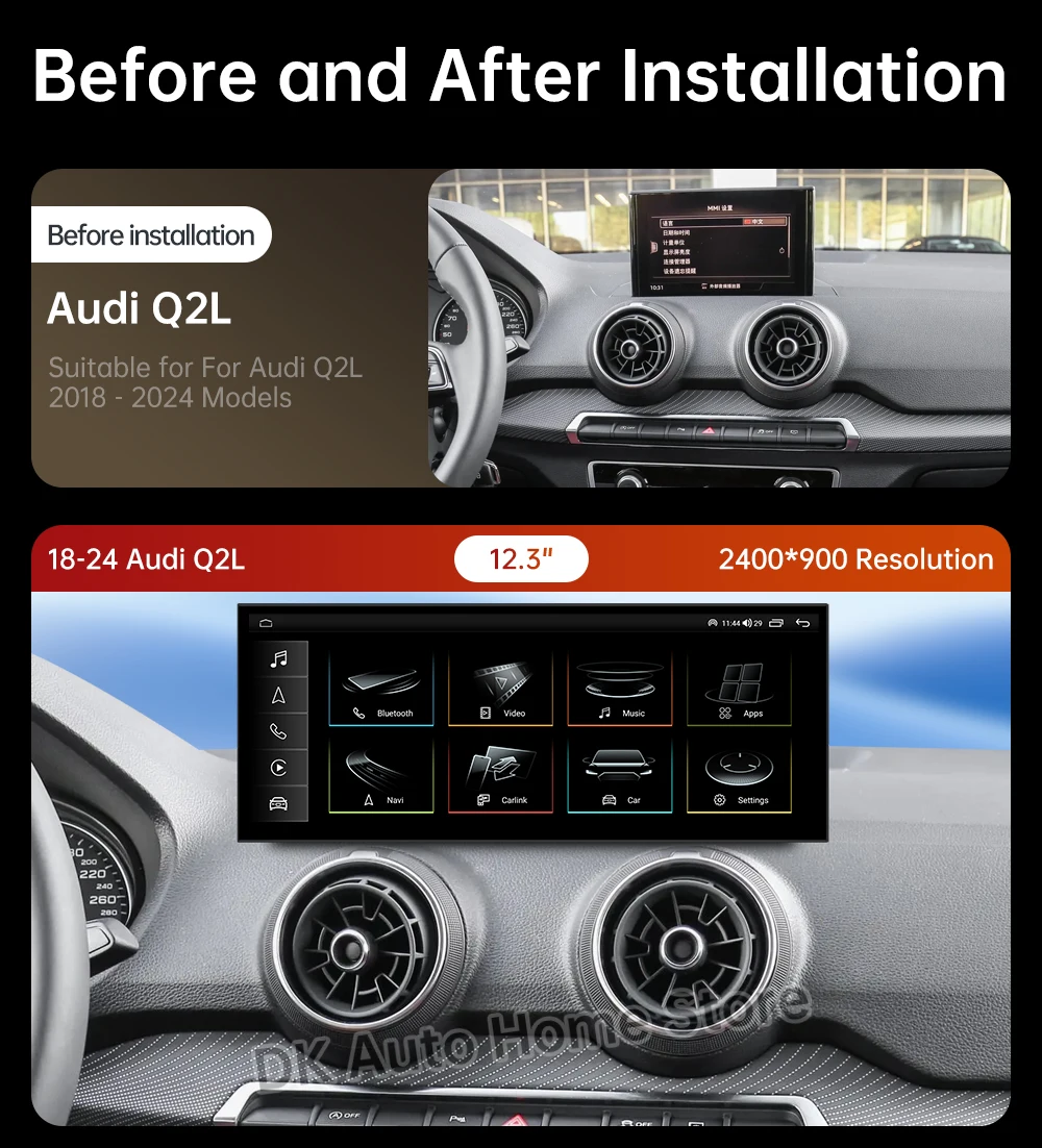Android 14 for Audi Q2L 2018 - 2024 Wireless Carplay HD Touch Screen Car Radio Video Multimedia Player 4G GPS