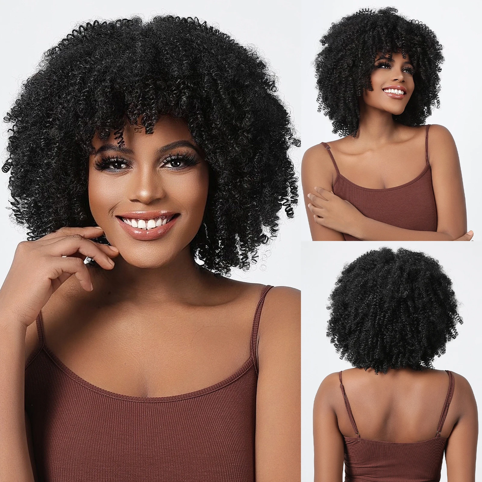 

Афро-кудрявый вьющийся бомба Боб Синтетические черные парики Полная челка Пушистый парик для женщин Короткие вьющиеся парики Ежедневное использование Афро-парик Термостойкий