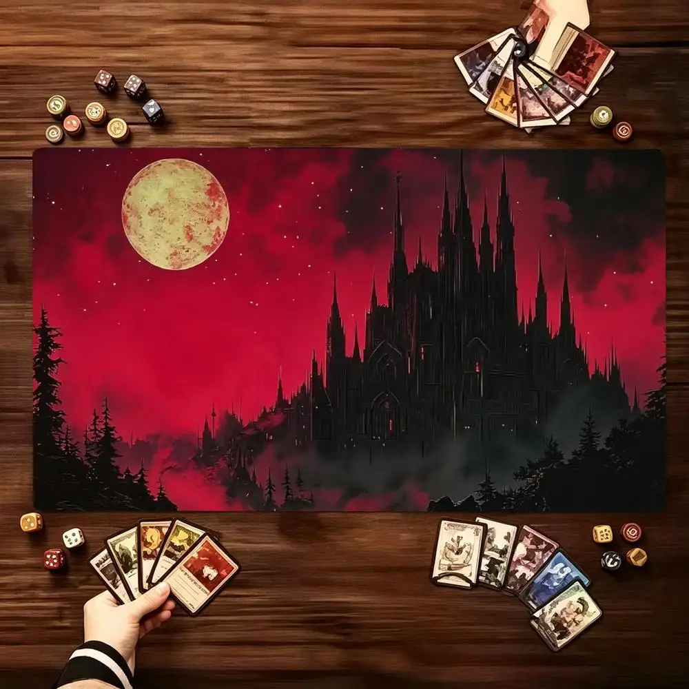 Dark Red Blood Moon Gothic Castle Game Play Mat Smooth Thick Rubber Base For Card Tabletop Gaming And Computer Desk Setup