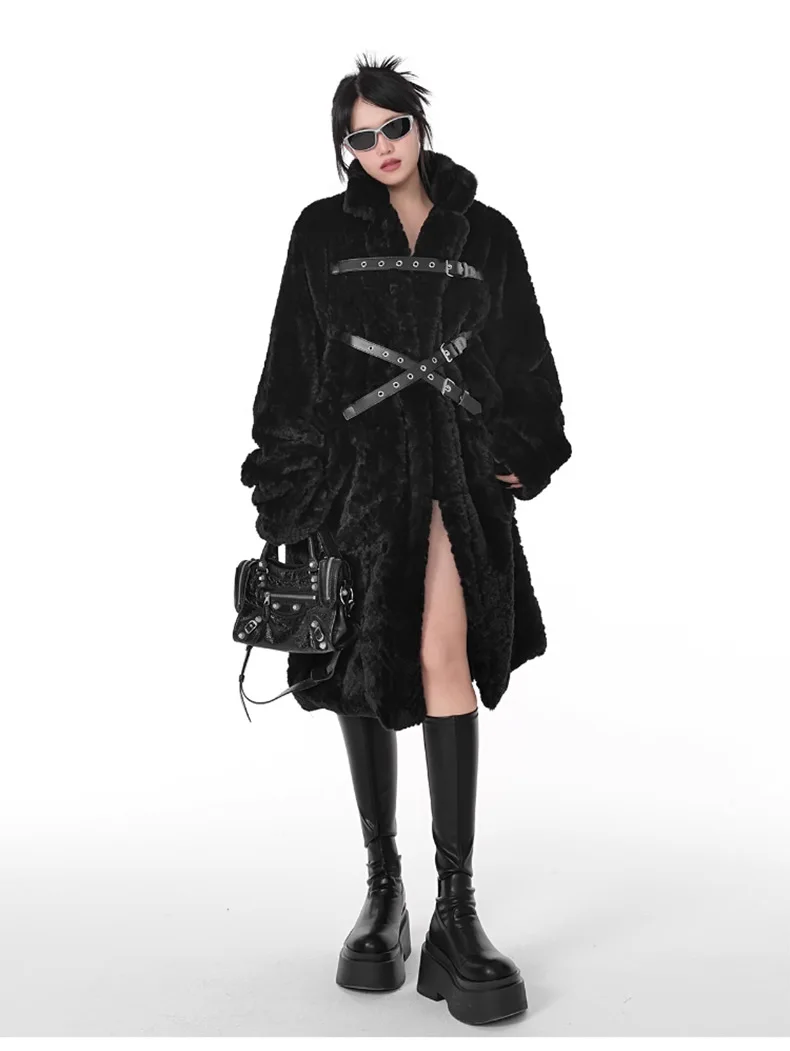 Lautaro Winter Cool Long Loose Casual Soft Thick Warm Black Fuzzy Faux Fur Coat Women Stand Collar Punk Style Fluffy Jacket 2023