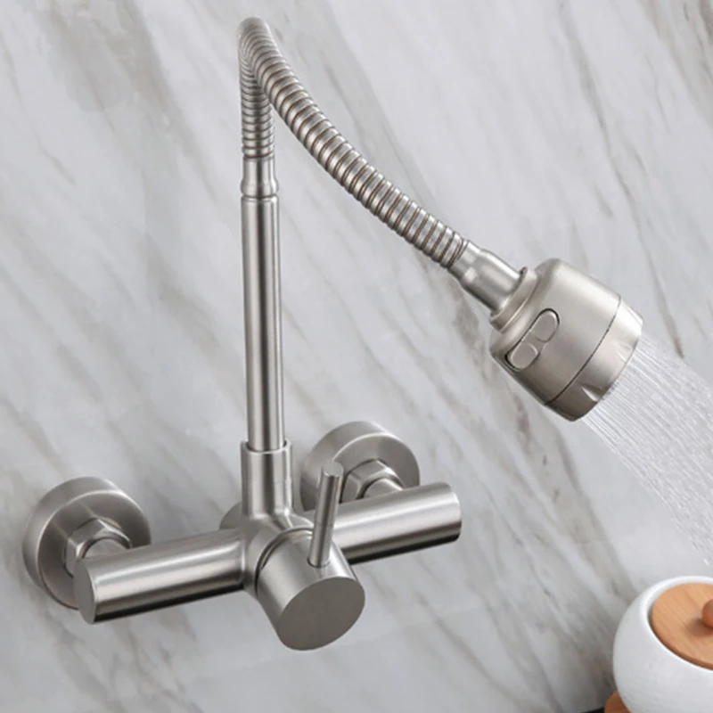 

Смеситель для умывальника с одним отверстием и двойным отверстием, настенный смеситель для кухонной мойки, настенный смеситель для горячей и холодной воды из нержавеющей стали