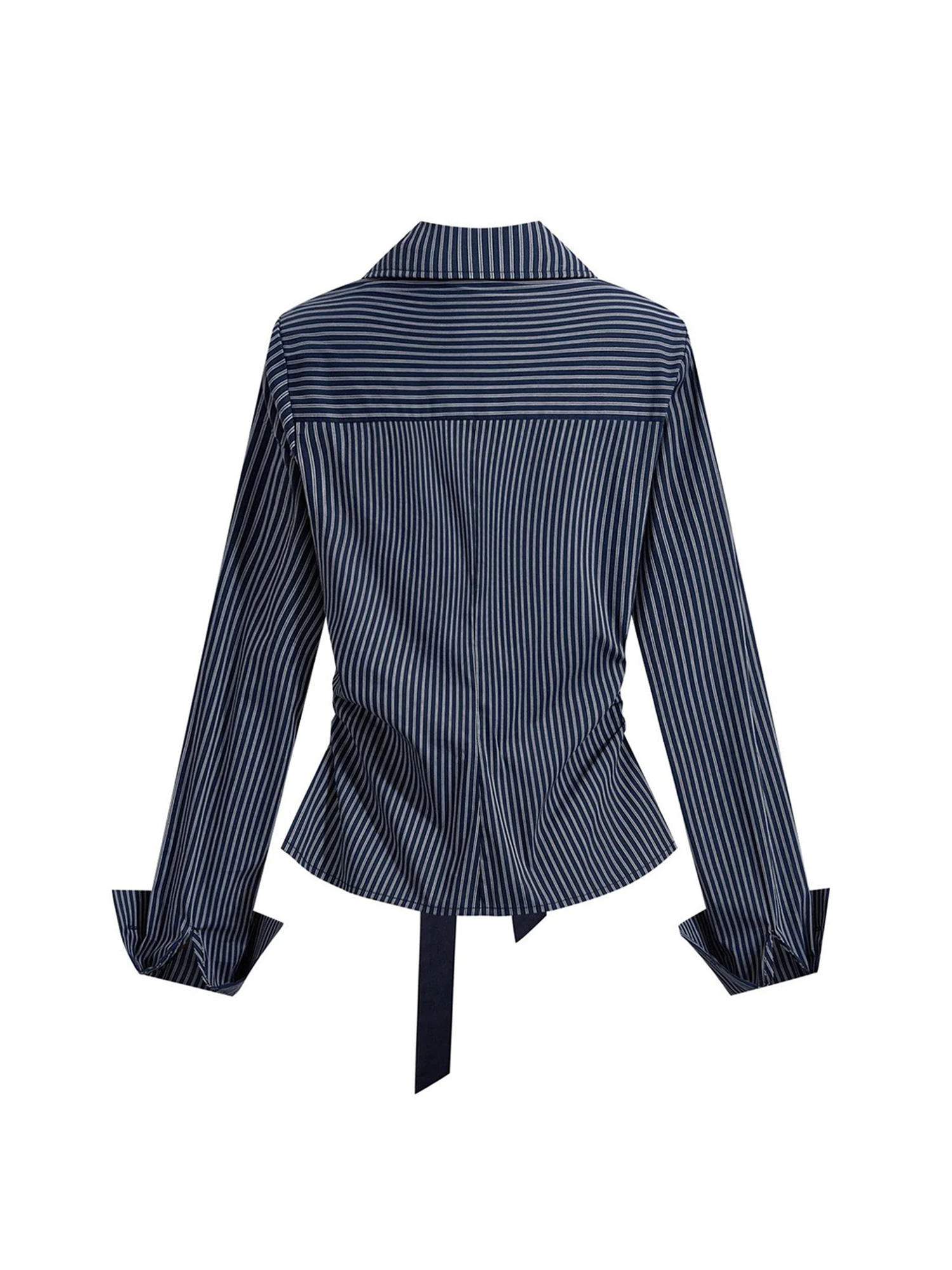 Women Navy Blue Striped Blouses and Shirts Korean Harajuku Vintage 2000s Y2k Preppy Style Long Sleeve Shirt Clothes 2026 Spring