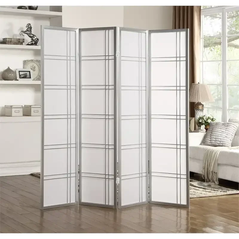 Roundhill Furniture Seto Rice Paper and Wood 4-Panel Room Divider Screen Silver Wall Divider Room Partitions and Dividers
