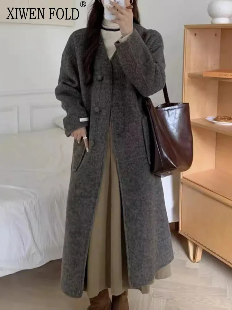 

XIWEN Minimalism Wool Coat For Women V Neck Single Breasted Office Lady Warm Long Outwear Fashion 2024 Winter New XF3032