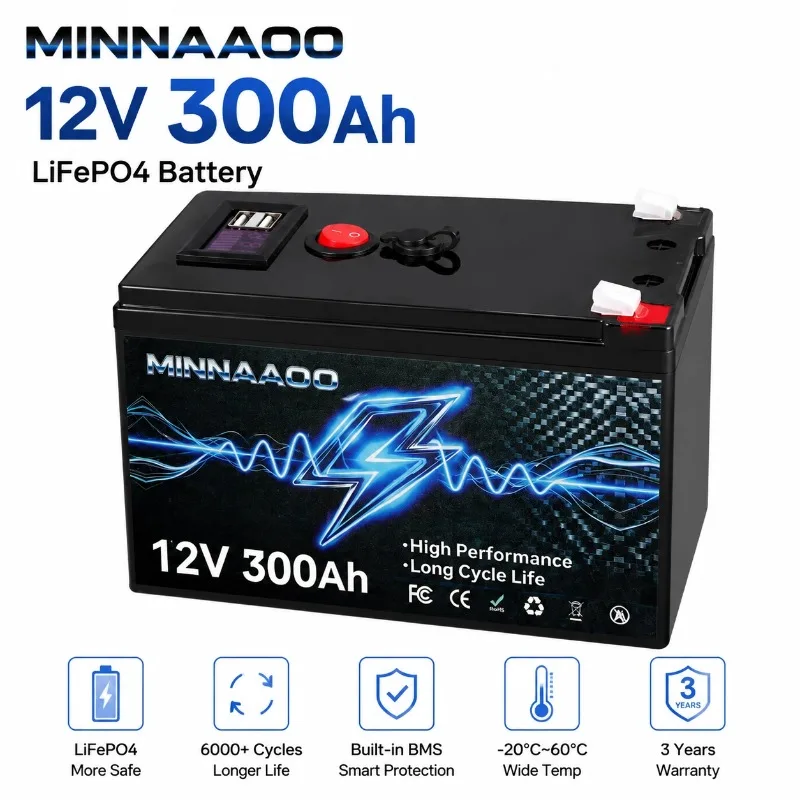 12V300Ah lithium iron phosphate rechargeable battery, low temperature protection, portable power station, off grid, solar energy