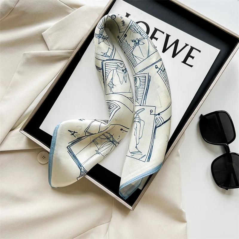 

100% Mulberry Silk Hand Drawn Book Floral Printed Satin Scarf Female Small Square Neckerchief Hair Wrap Bag Decor Gift