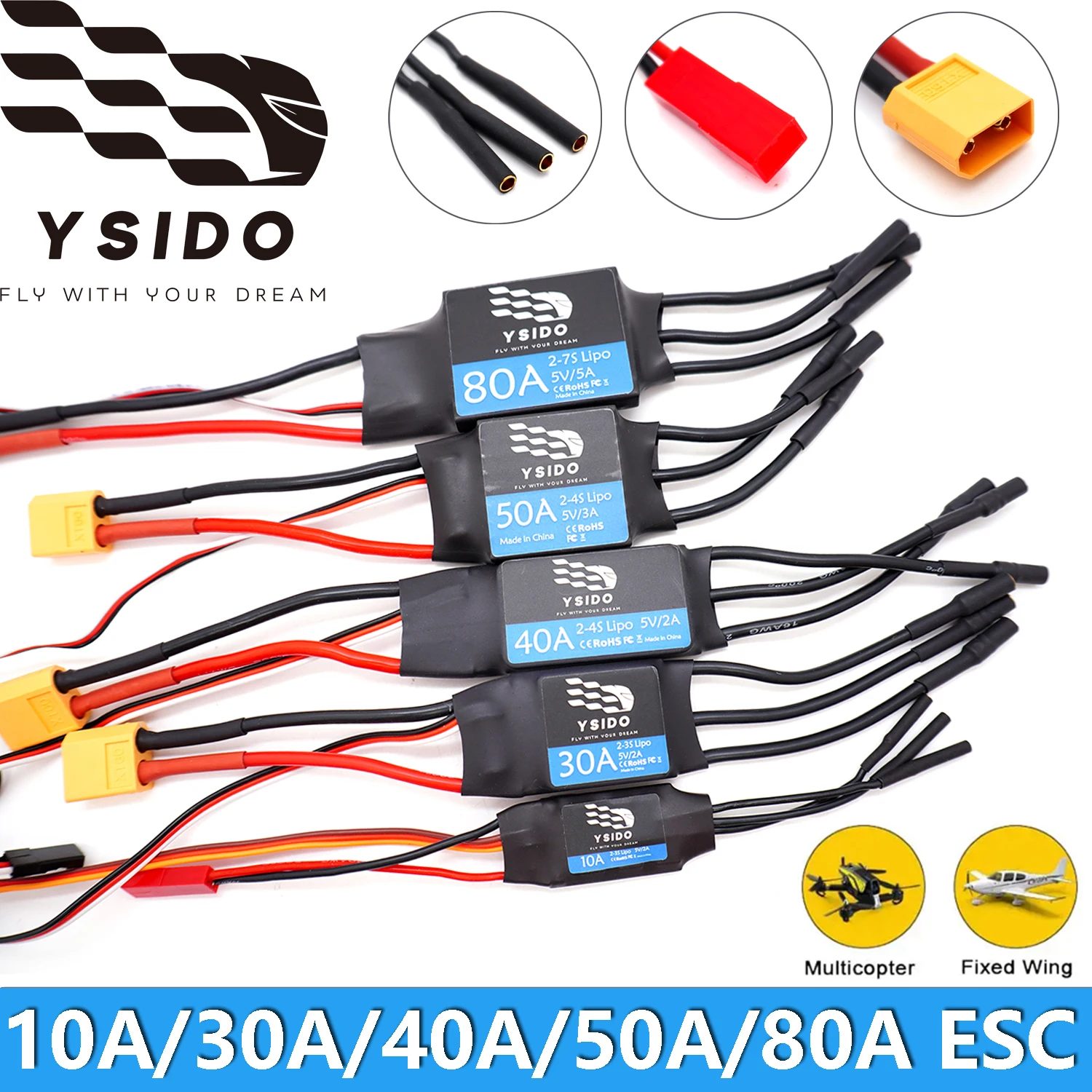 

RC Fixed Wing ESC 80A 50A 40A 30A 10A ESC Speed Controller 2-7S 5V/5A BEC for Remote Control FPV Quadcopter Airplanes Helicopter