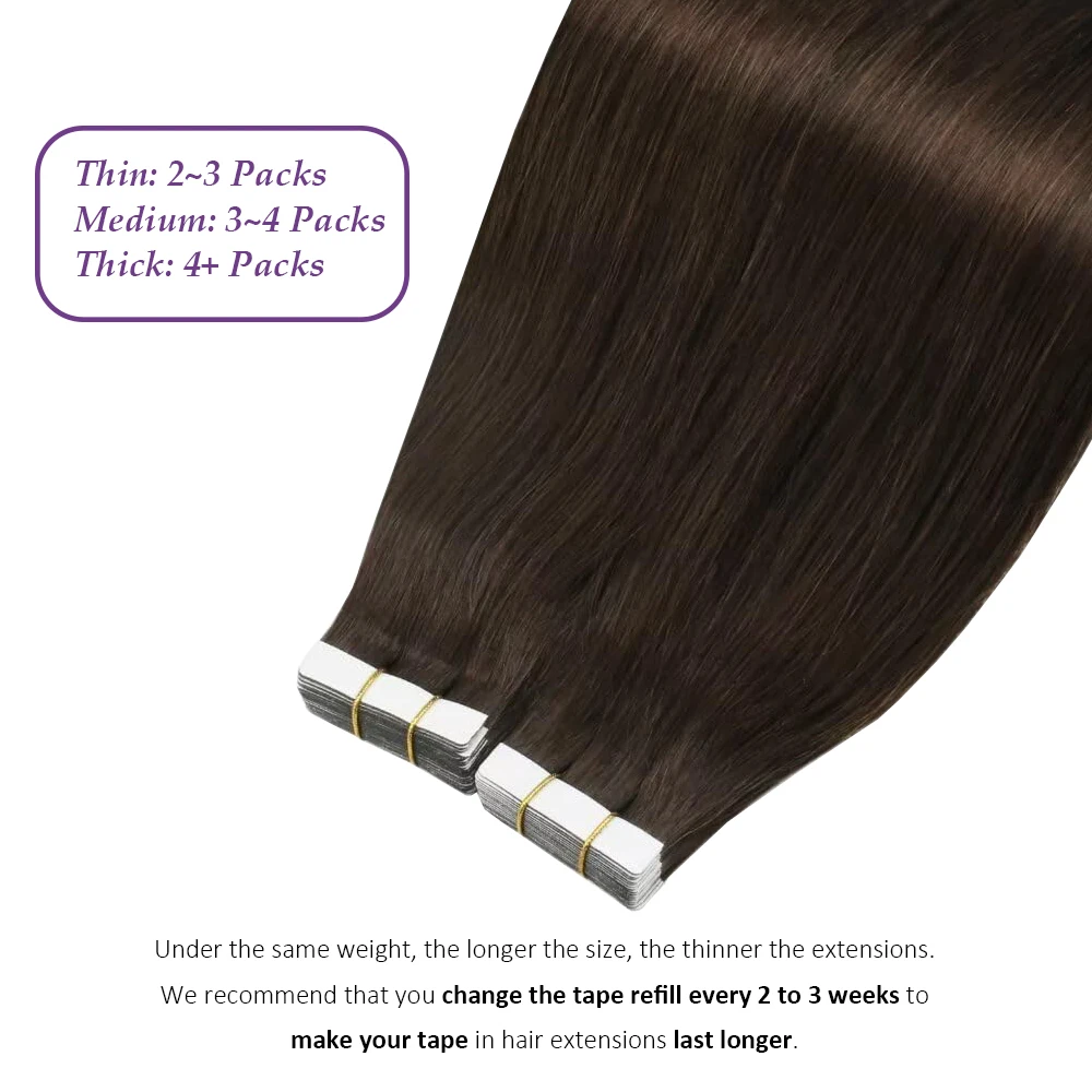 Fita de trama pele sem costura em extensões de cabelo, Real Remy cabelo humano, sedoso reto, cor marrom escuro, 24 ", 50g, 20Pcs