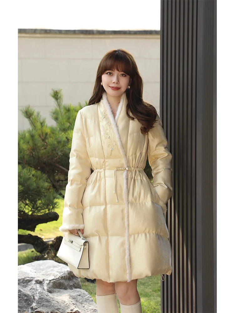 

Новое китайское пальто-жакет с пуговицами, отделкой из меха норки и поясом, утягивающим талию, от MR WATER Waterdrop King Winter Faion для женщин