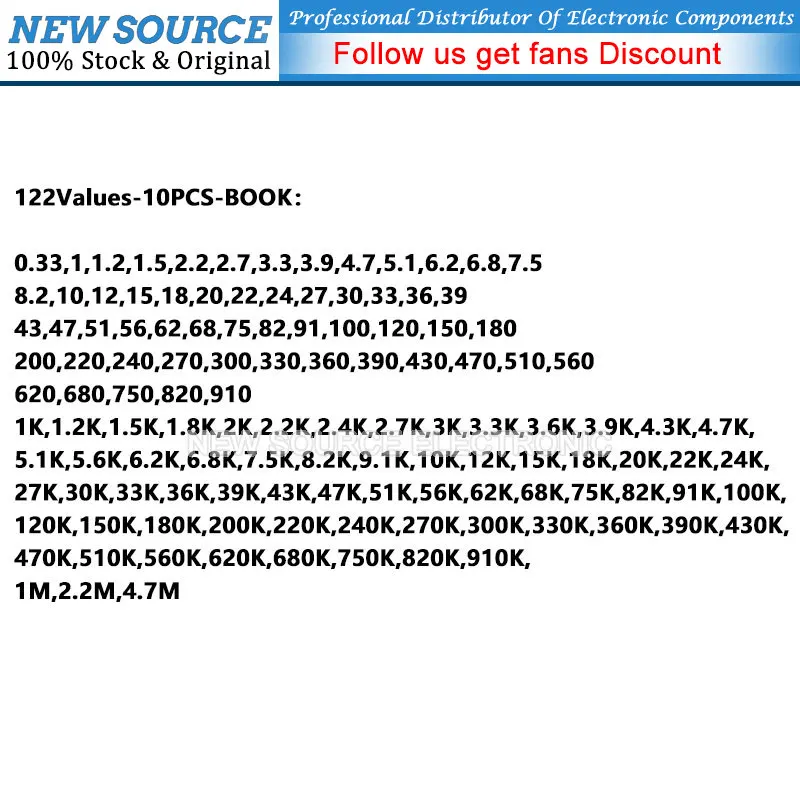 1/4W 1% Metal Film Resistor Sample Book 122/140Values 0.25W 1R~10M Ohm Assorted Resistor Kit Pack Newsource