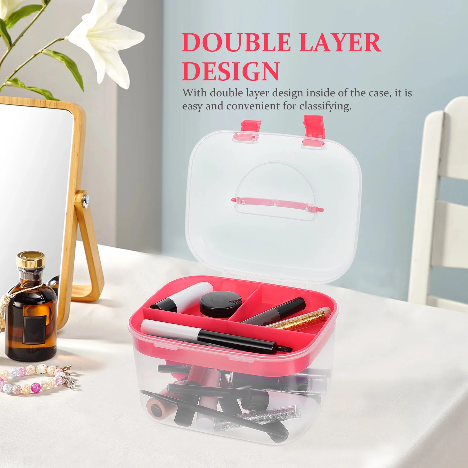 

Double Layer Storage Box Large Capacity Round Edge Design With Handle Portable Medicine Storage Case For Home Office Makeup