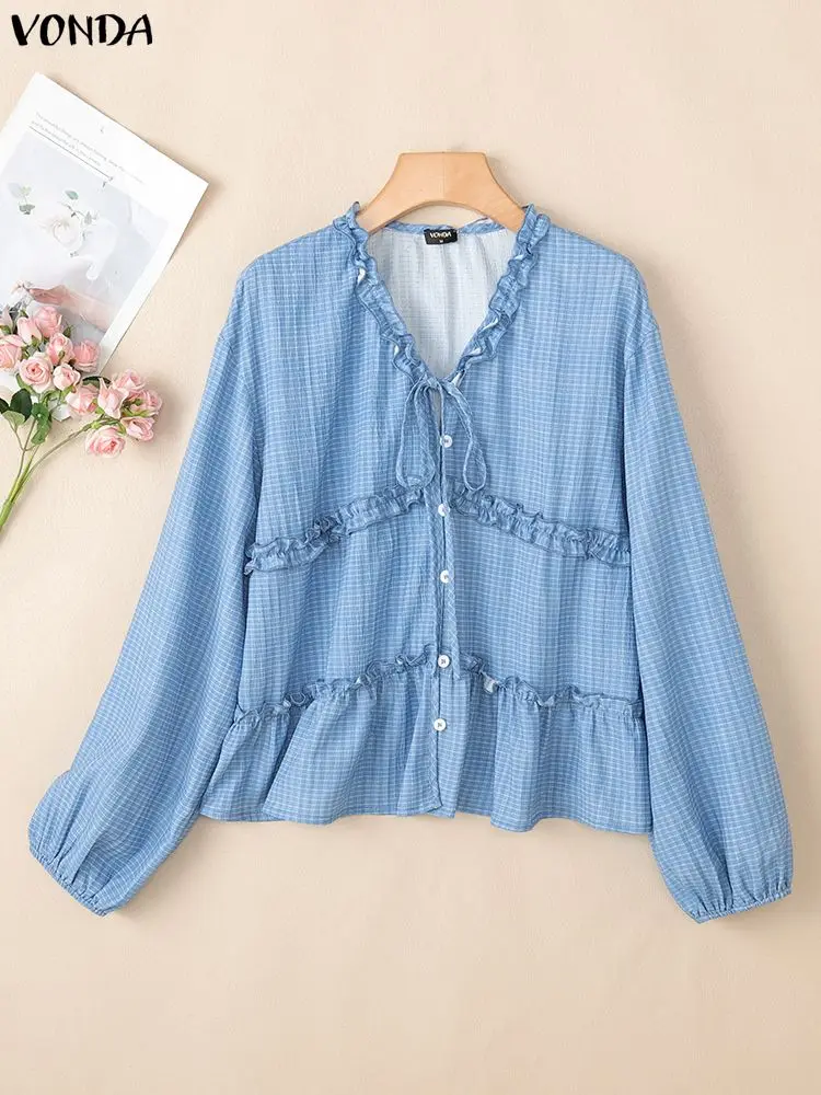 Vonda moda xadrez camisas femininas topos primavera outono manga longa com decote em v elegante senhora do escritório blusa casual bandagem solta blusas