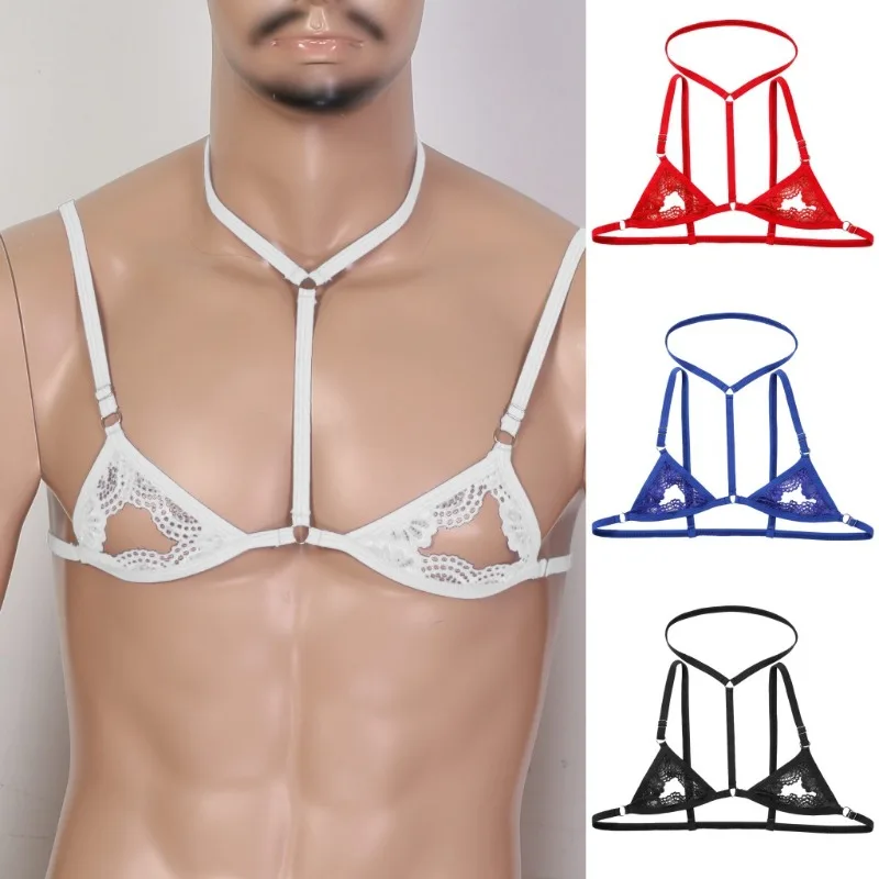 

Men Sissy Lace Hollow Bra Open Bra Bralette Tops Crossdresser Gay Strap Girly Halter Sexy Lingerie Adjustable Harness Nightwear