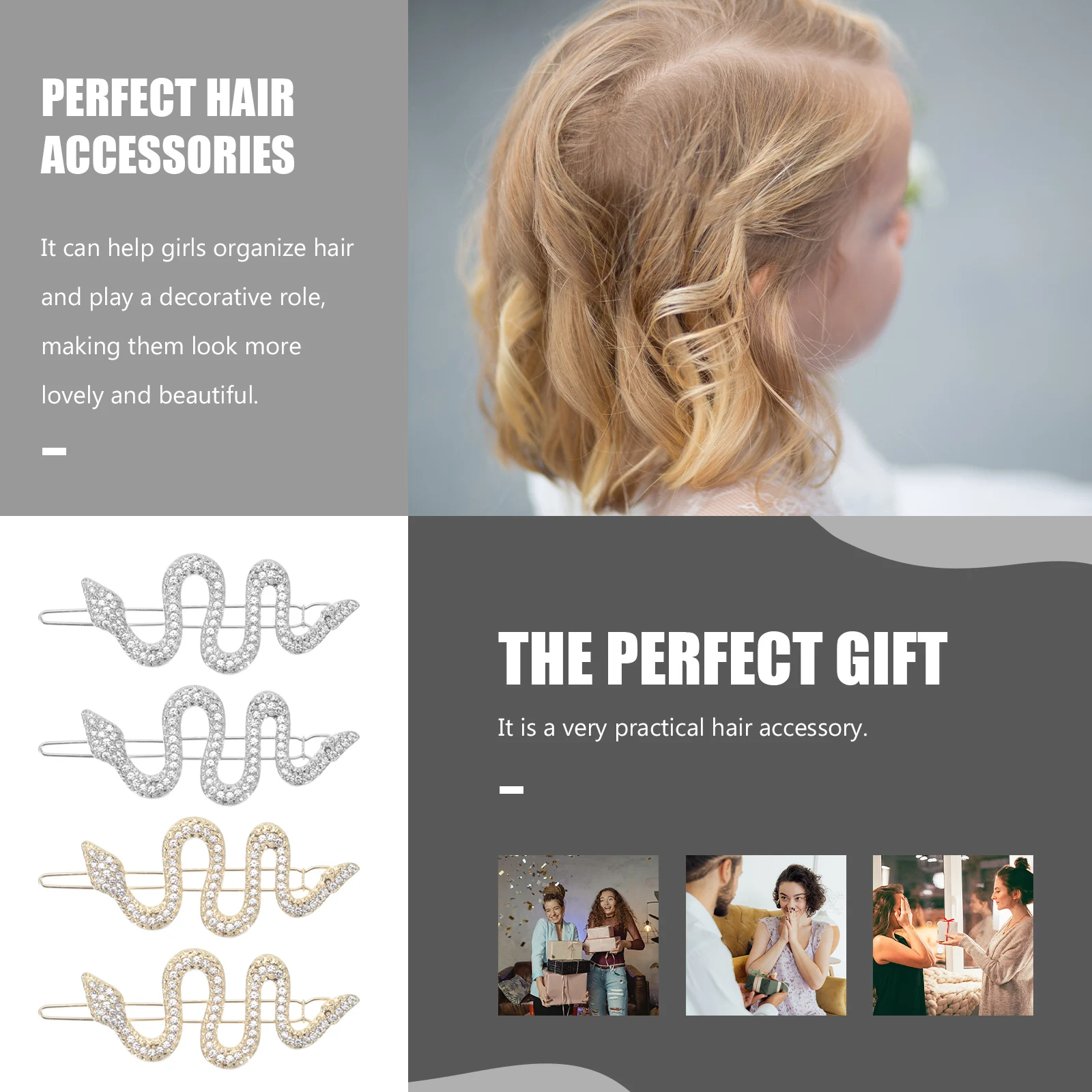 

4 Pcs Large Hair Clips Snake Hairpin for Shaped Bang European and American Rhinestone Accessories