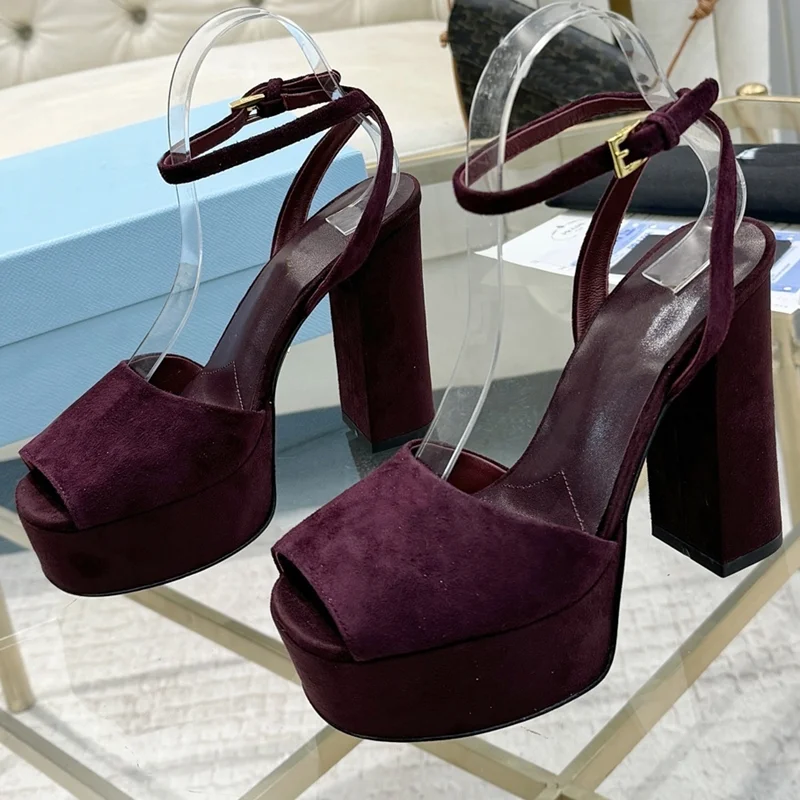 

Platform Suede Square Heel Peep Toe Pumps Sexy Round Toe Leather Slingback Bucle Betl New Arrivals Fashion Women Shoes