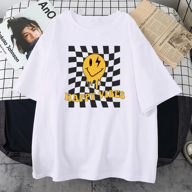 Happy Yellow Ghost Face Pattern T-Shirt Women Street Summer Oversize Tops Cotton Plus Size Tee Clothes Breathable Casual T Shirt