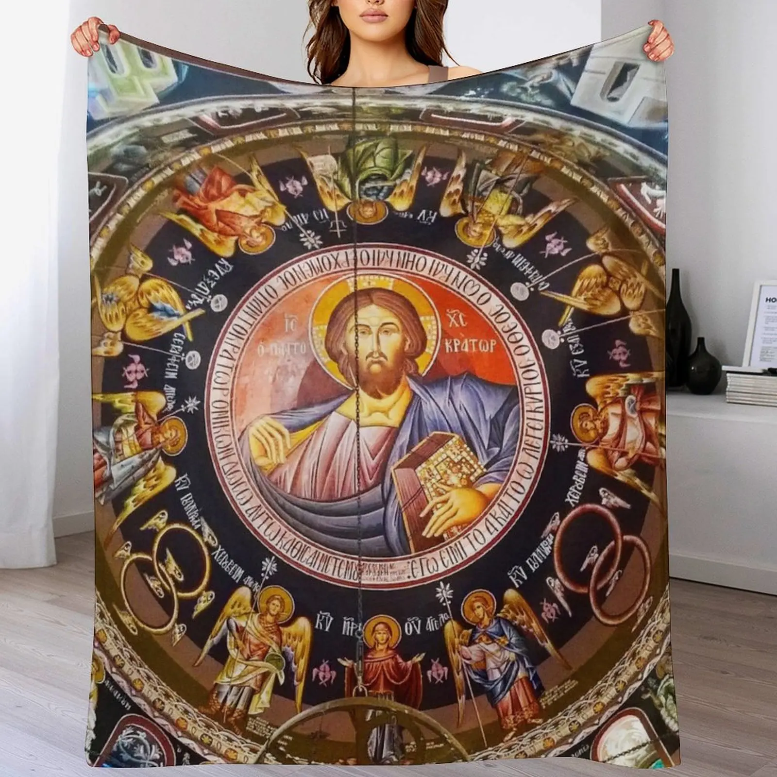 

Jesus Christ Greek Church Ceiling Art Photograph Throw Blanket blankets and throws Bed linens Furry Softest Blankets