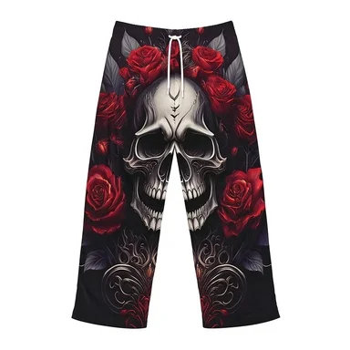 Dark Gothic Skull and Red Rose 3D Skull Flower Printed Casual Pants with Elastic Drawstring Waist and Street Loose Pants