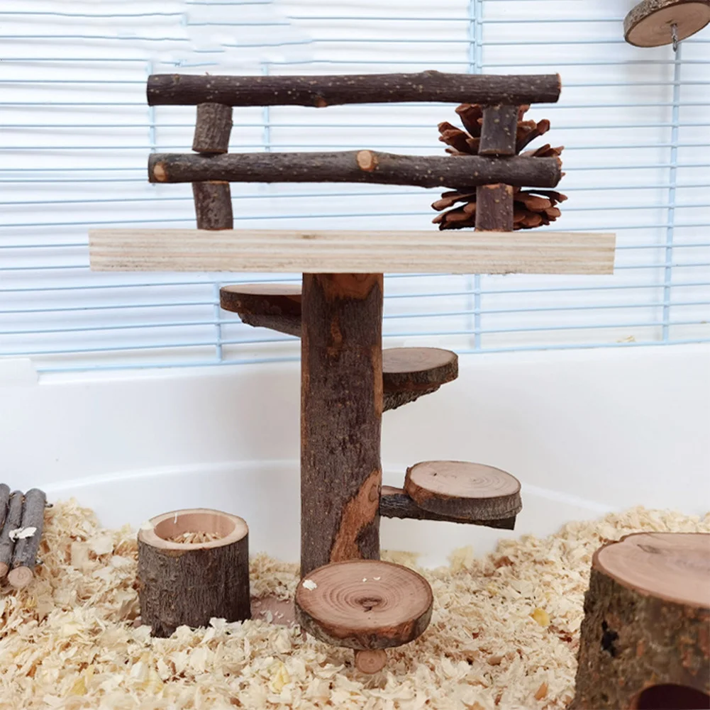 

Hamster Climbing Chew Toys Wooden 2-Tier Playground Natural Small Animals Activity Platform Set With Ladder Food Bowl Pinecone