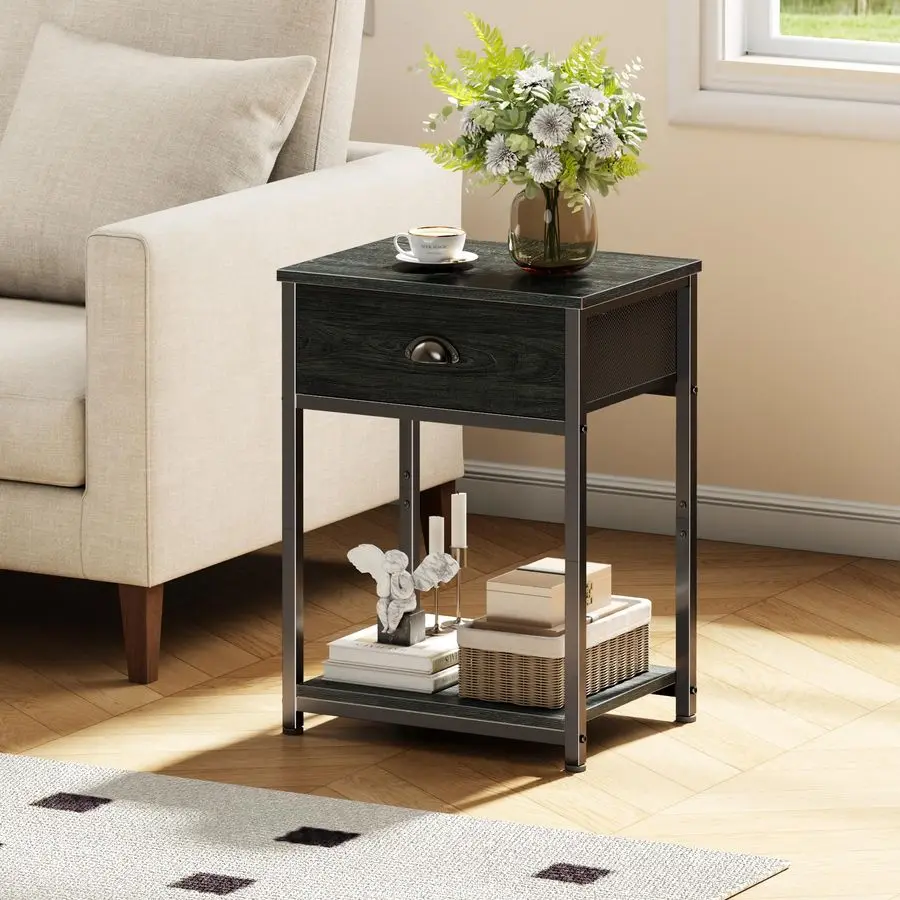

Nightstands Set of 2, Industrial End Table with Fabric DrawerampStorage Shelf, Small Bedside Table Organizer for Small Space for
