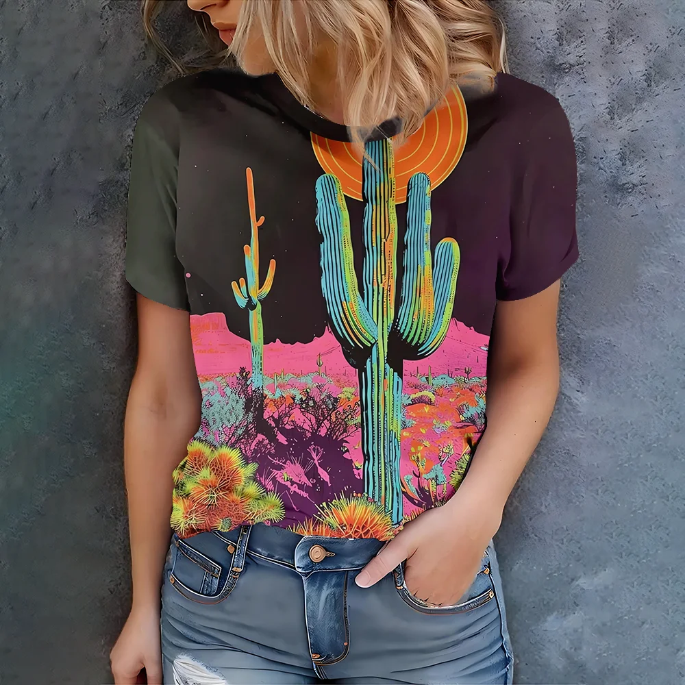 

Персонализированный и красочный кактус в сочетании с неоновым принтом заката, повседневная женская летняя футболка с короткими рукавами
