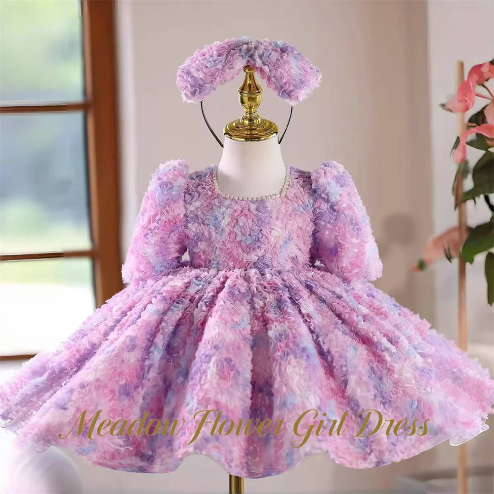 Meadow Lavender Ombre Princess Girls Dress Square Neck First Communion Gown with Pearl Trim Children Birthday Wedding Dresses