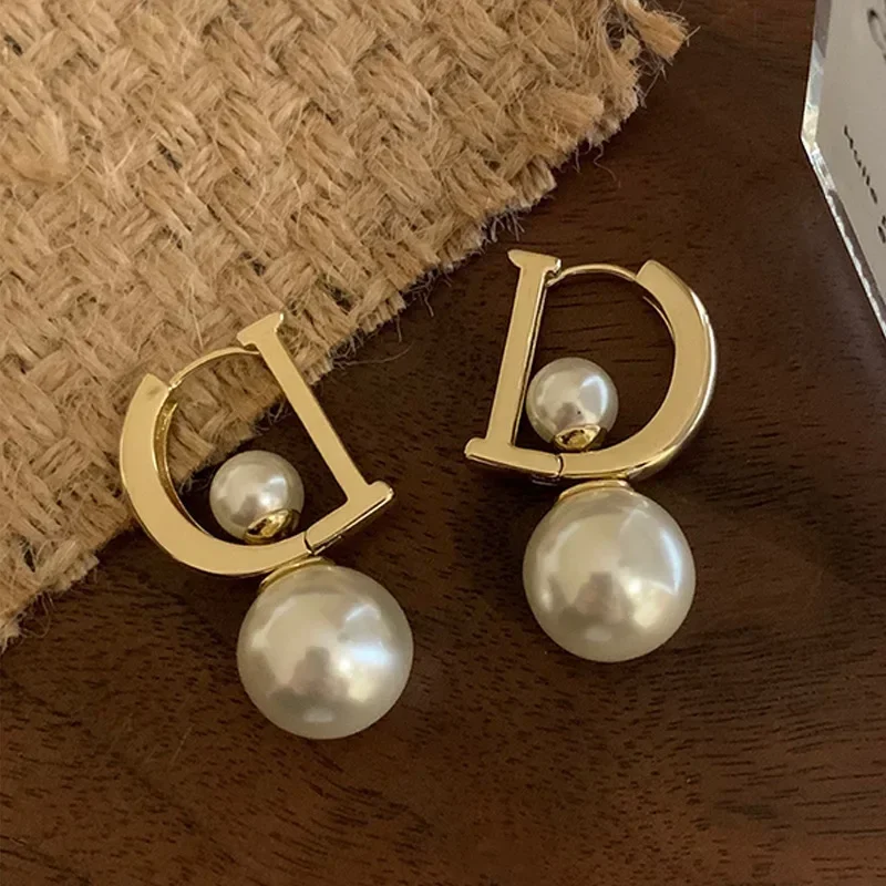 Personality Trendy Letter D Pearl Drop Dangle Earrings for Women Exquisite Gold Color Stainless Steel Wedding Bride Jewelry Gift