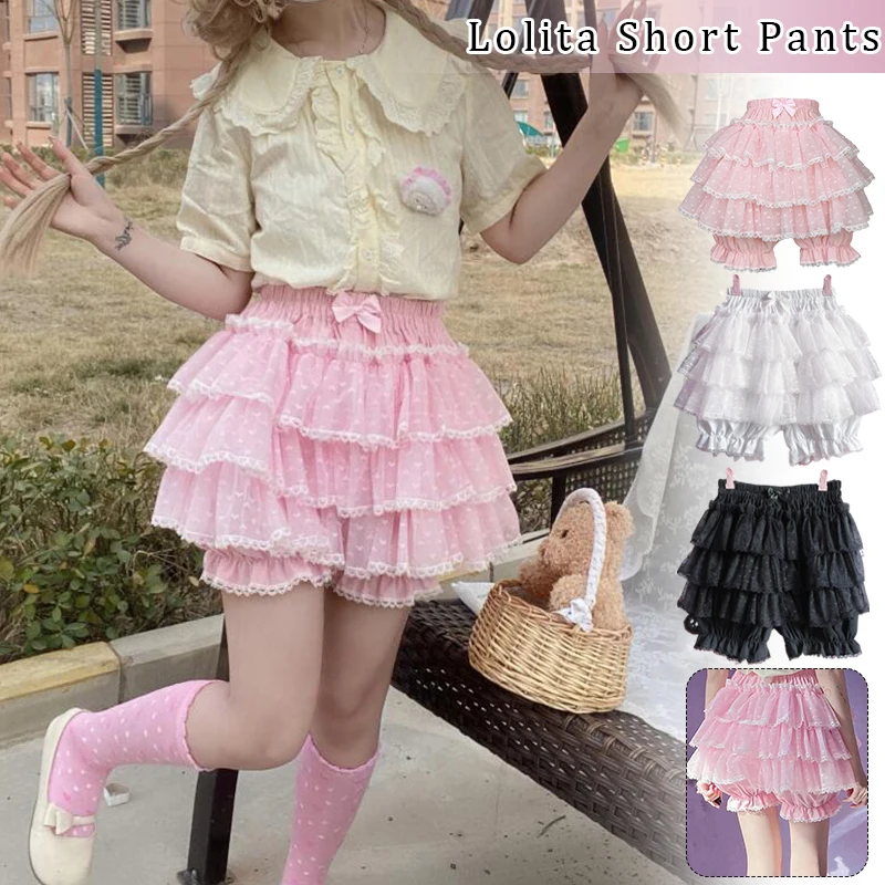 Sweet Lace Shorts Skirts Y2k Japanese Lolita Kawaii JK Ruffles Bloomers Women Elastic Waist Safety Shorts Pumpkin Pants Summer