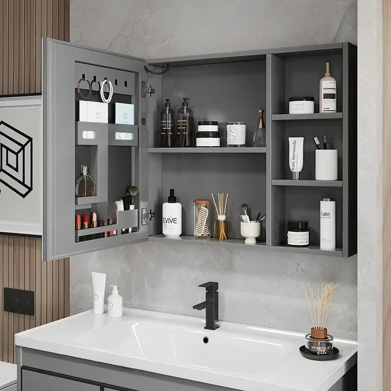 Space Aluminum Bathroom Mirror Wall-mounted Make Up Vanity Storage Mirror Cabinet Shelves Home Furniture Muebles Bano FYBC