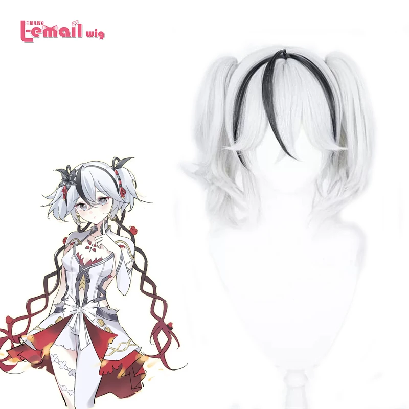 L-email wig rambut sintetis, Wig Cosplay bergelombang Camellya 35cm pendek putih campuran hitam Cosplay tahan panas