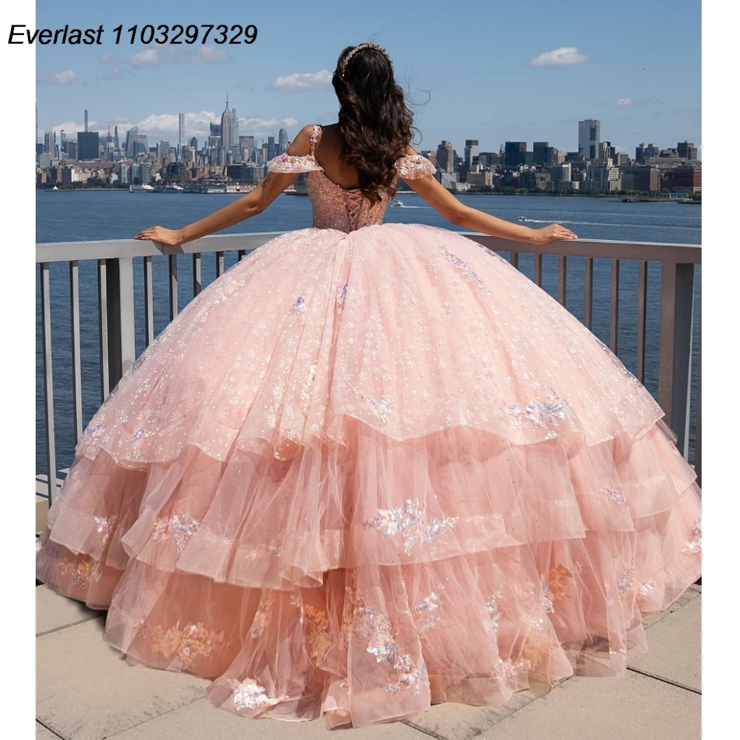 EVLAST abito Quinceanera rosa lucido abito da ballo pizzo Applique cristalli corsetto di perline a strati dolce 16 Vestido De 15 Anos TQD459