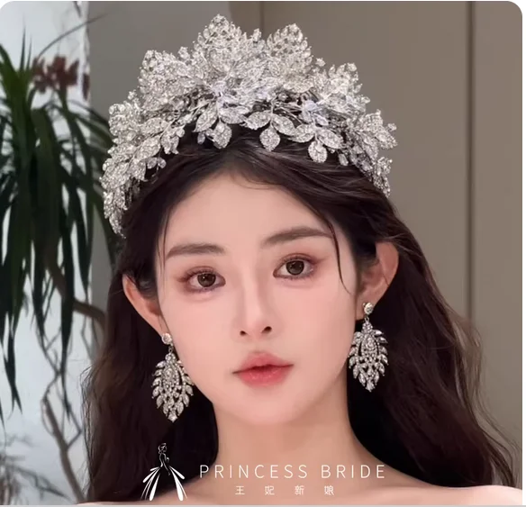 Heavy handmade zircon Super Flash Double Bridal Crown Suit luxury main wedding dress with makeup headdress